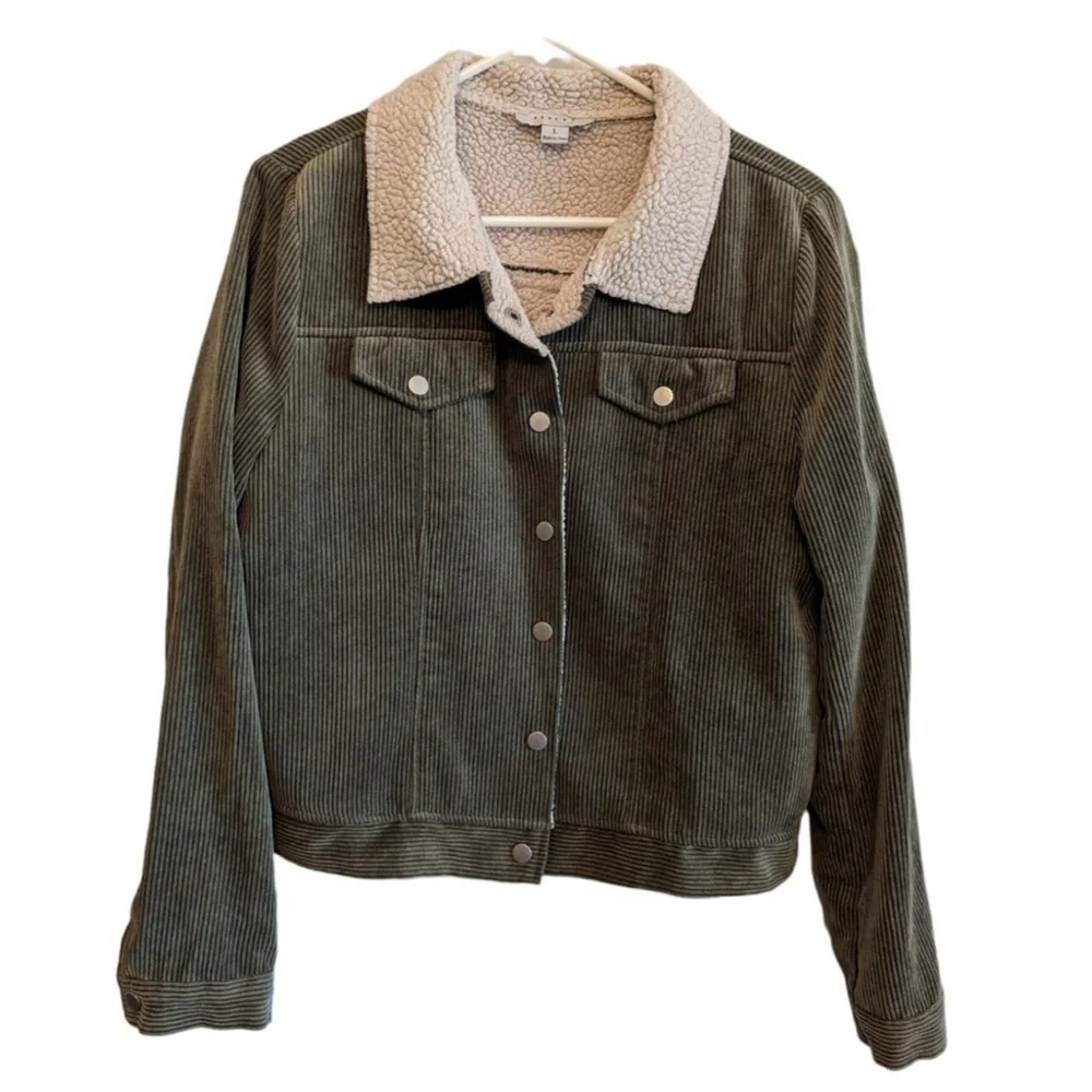 Favlux Jacket Womens L Coat Corduroy Fleece Collar Front Pockets Green Snap Up